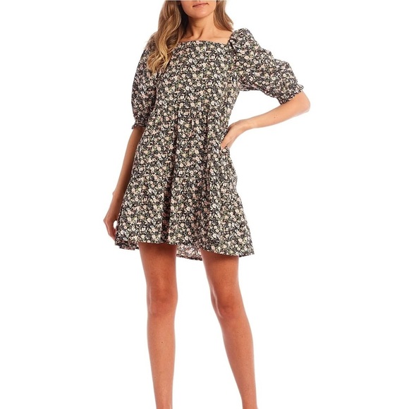 LEVI'S Black Floral Pouf Sleeve Square Neck Short Dress (Small) - Picture 1 of 5